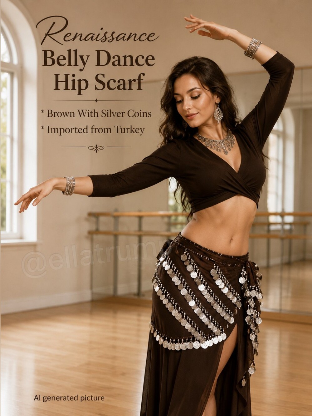 Renaissance Belly Dance Hip Scarf Brown With Silver Coins ~New~ Firm Price